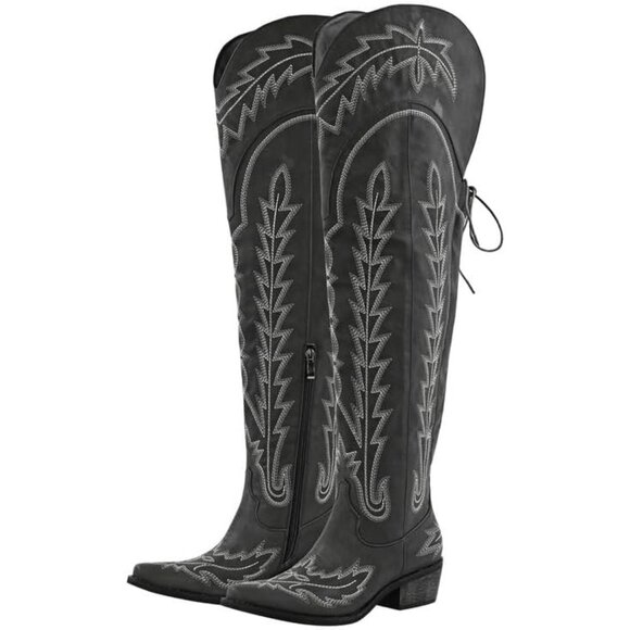 ⚡Women's Black Cowgirl Boots Thigh High Wide Calf Embroidered Western Pull On - Picture 1 of 6